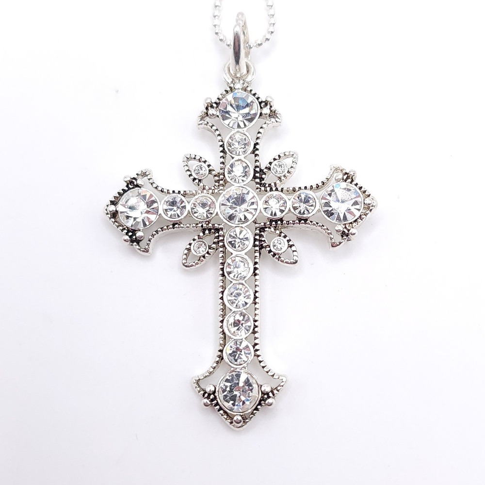 Premier Designs Grace Cross Necklace Silver Rhinestone 18in